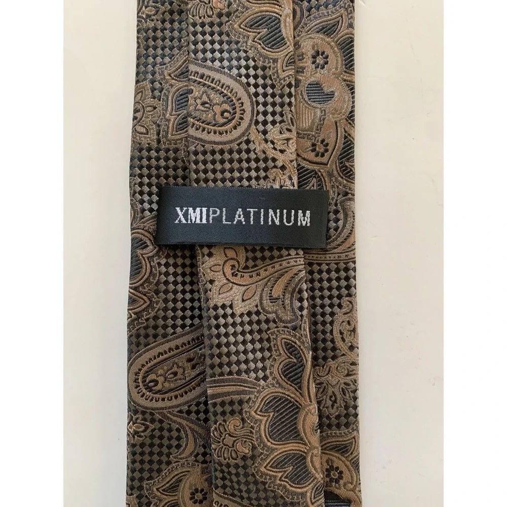 XMI Platinum Italian Silk Tie Men Brown Paisley Floral Jacquard Necktie 58